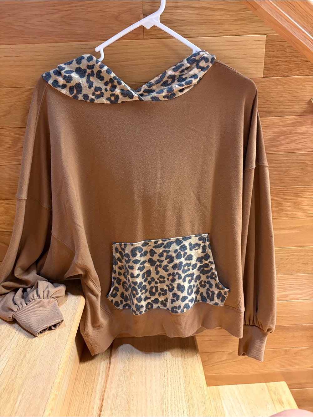 Zenana Outfitters Camel Sweater with Leopard-Print Collar & Pocket